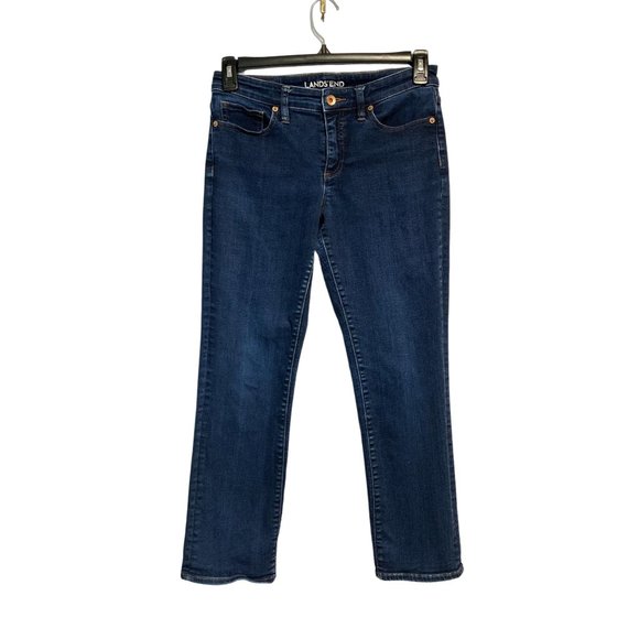 EUC Lands' End Women's Blue Denim Dark Wash Mid Rise Straight Leg Jeans Size 8 - Picture 1 of 9